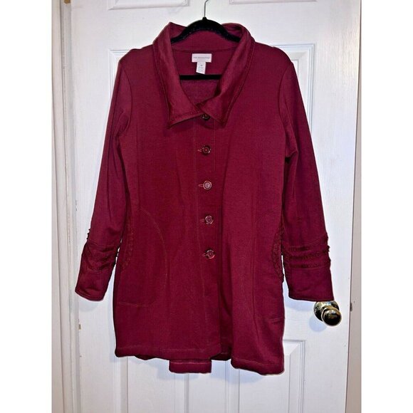 SOFT SURROUNDINGS Rachel Embroidered Burgundy Stretch Button Down Coat - Picture 2 of 15